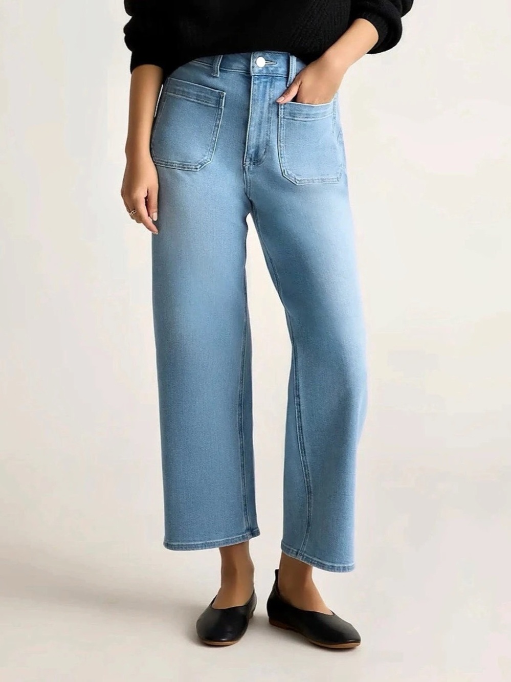 Quince Bella Stretch Patch Pocket Wide Leg Jeans Blue Waist 26